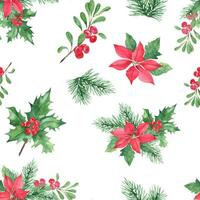 Christmas hand drawn seamless pattern with winter plants. Forest pine branches with cone, holly with red berries, red poinsettia and cowberry or lingonberry. For fabric or textile prints vector
