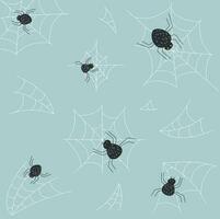 Pattern with cobwebs and spiders on a blue background vector