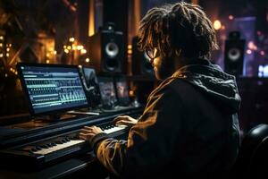 músico composición música utilizando ai motorizado música creación software en hogar estudio foto