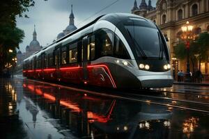 Zero Emission Tramway Through Rainy Metropolis Leader photo