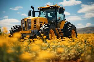 Biofuel Powered Tractor in Blossoming Farm Field photo