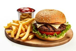 Delicious fresh tasty burger and french fries on wooden table photo