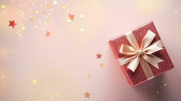 Christmas decorations on pink background, top view with space for text photo
