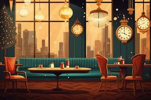 Retro illustration of a stylized New Year's Eve cafe with vintage furniture photo