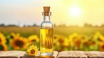 Organic sunflower oil in a small glass jar with sunflower fresh flowers on the table photo
