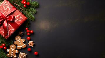 Christmas decorations on wooden background, top view with space for text photo