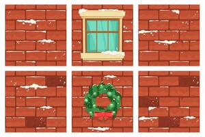 Christmas Cartoon Brick Wall Backgrounds Collection, Winter House Decorations Covered With Snow, Vector Seamless Textures