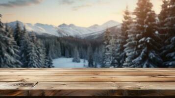 de madera mesa con un antecedentes de un Nevado bosque en invierno foto