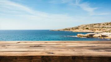 Wooden table with the background of a rocky coast under a clear blue sky photo