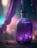 A bottle or flask with a magical colored potion. Fairytale image. Full color illustration for design projects. Illustration for game projects. Generative AI. photo