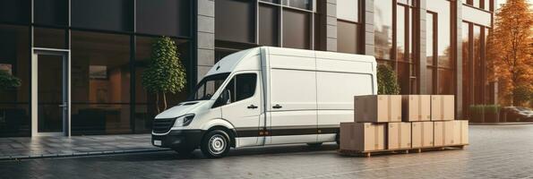 Delivery van loaded with boxes parked in front of an office building solid background with empty space for text photo