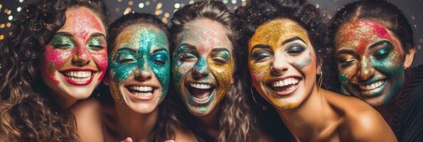 A group of friends having fun with a multicolored glitter facial mask party relaxing spa background with empty space for text photo