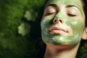 Organic green herbal facial mask applied on a beautiful young womans face relaxing spa background with empty space for text photo