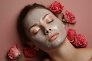 un atractivo mujer con pecas aplicando un Rosa infundido arcilla máscara para protección de la piel tratamiento relajante spa antecedentes con vacío espacio para texto foto