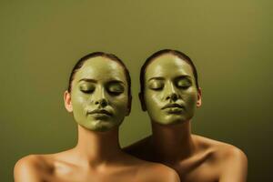 A pair of identical twin sisters applying a matcha tea facial mask for anti aging skincare relaxing spa background with empty space for text photo