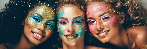 A group of friends having fun with a multicolored glitter facial mask party relaxing spa background with empty space for text photo