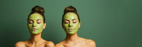 A pair of identical twin sisters applying a matcha tea facial mask for anti aging skincare relaxing spa background with empty space for text photo