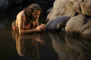 Caveman discovering reflections and his own image in water photo
