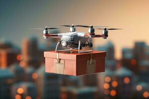 Drones delivering packages in urban areas solid background with empty space for text photo