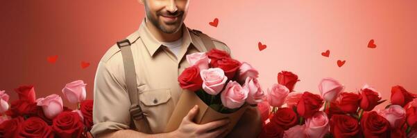 Express delivery service   Happy courier delivering flowers on Valentines day solid background with empty space for text photo