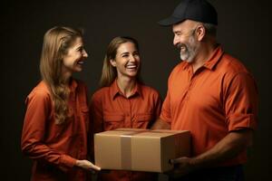 Couple receiving a parcel from uniformed delivery worker at home solid background with empty space for text photo