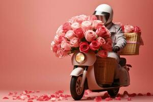 Express delivery service   Happy courier delivering flowers on Valentines day solid background with empty space for text photo