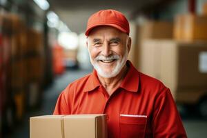 Senior citizen working as a parcel delivery man solid background with empty space for text photo