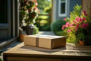 Contactless delivery   Delivery person leaving package on porch solid background with empty space for text photo