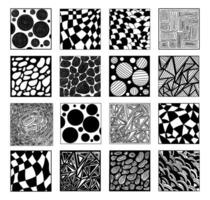 Collection geometric modern patterns backgrounds doodles. Vector illustration. Isolated square blacks patterns, abstract posters, texture.