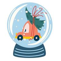 Christmas Crystal Snow Globe with xmas tree on roof car. Decoration Sphere. New year hand draw vector illustration