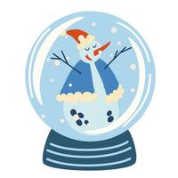 Christmas Crystal Snow Globe with snowman. Decoration Sphere. New year hand draw vector illustration