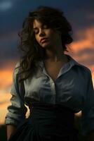 Vintage model contemplates twilight career captured in deep blues and fading sunset tones photo