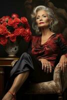 Legacy in heels aging model contemplates in hues of charcoal ivory and ruby photo