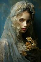 Aged model cherishes lace veil amidst pastel blues antique gold and ivory whispers photo
