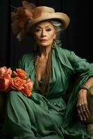 Aging fashionista uncovers past elegance depicted in beige emerald and ruby hues photo