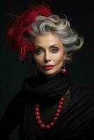 Aging models vanity ritual in soft black gray and vibrant crimson accents photo