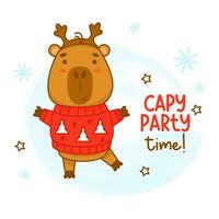 Cool cute capybara in Christmas sweater with deer antlers. Joyful party time. Vector illustration. Funny winter animal character rodent for cards, design, print, kids collection.