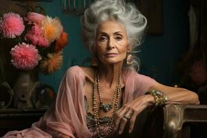 Revived elegance aging model amidst pastels earthy browns and vibrant jewel sparks photo