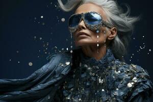 Sequin studded nostalgia aging model captured in dusky silver and midnight blue hues photo