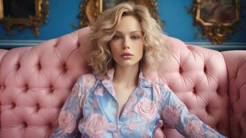 Vintage model basks in past accolades encapsulated in pastel pink and royal blue hues photo