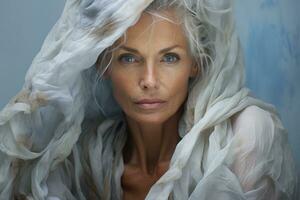 envejecimiento modelo reflejando bañado en suave grises iridiscente ropa blanca y índigo oscuridad foto