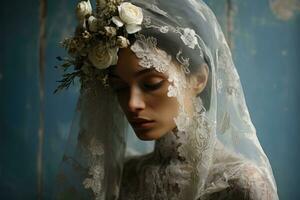 Aged model cherishes lace veil amidst pastel blues antique gold and ivory whispers photo