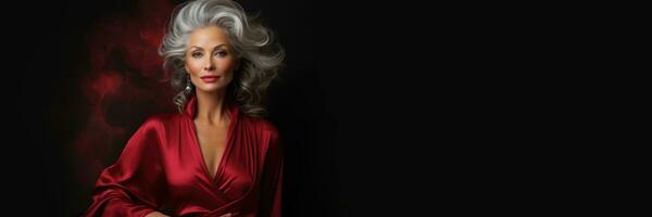 Elderly model owns silver tresses framed in rich charcoal shimmering silver and bold ruby photo