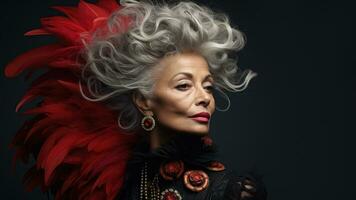 Elderly model owns silver tresses framed in rich charcoal shimmering silver and bold ruby photo