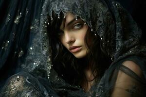 Sequin whispers from past glories aged model shrouded in silver and midnight hues photo