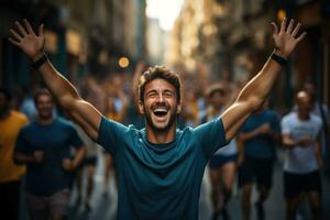 Elated runner raising arms in victory background with empty space for text photo