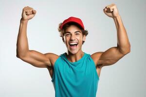 Ecstatic runner with arms raised in triumph isolated on a white background photo