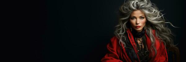 Elderly model owns silver tresses framed in rich charcoal shimmering silver and bold ruby photo