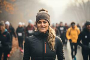 Runners visible breath in cold weather race background with empty space for text photo