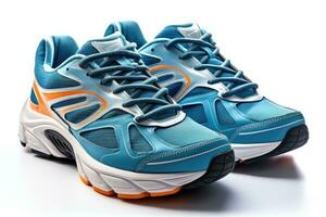 Detailed view of runners shoes mid race isolated on a white background photo